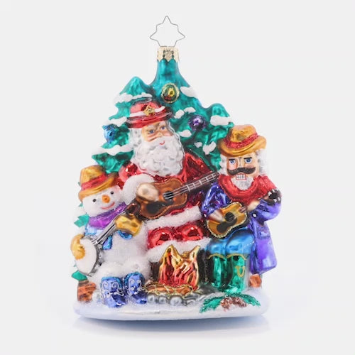 Video - Ornament Description - Santa's Fireside Friends: Gather 'round the campfire for a crackling Christmas carol. Santa, Snowman, and Nutcracker are a band of three ready to spread holiday glee! This video shows the ornament spinning slowly. 